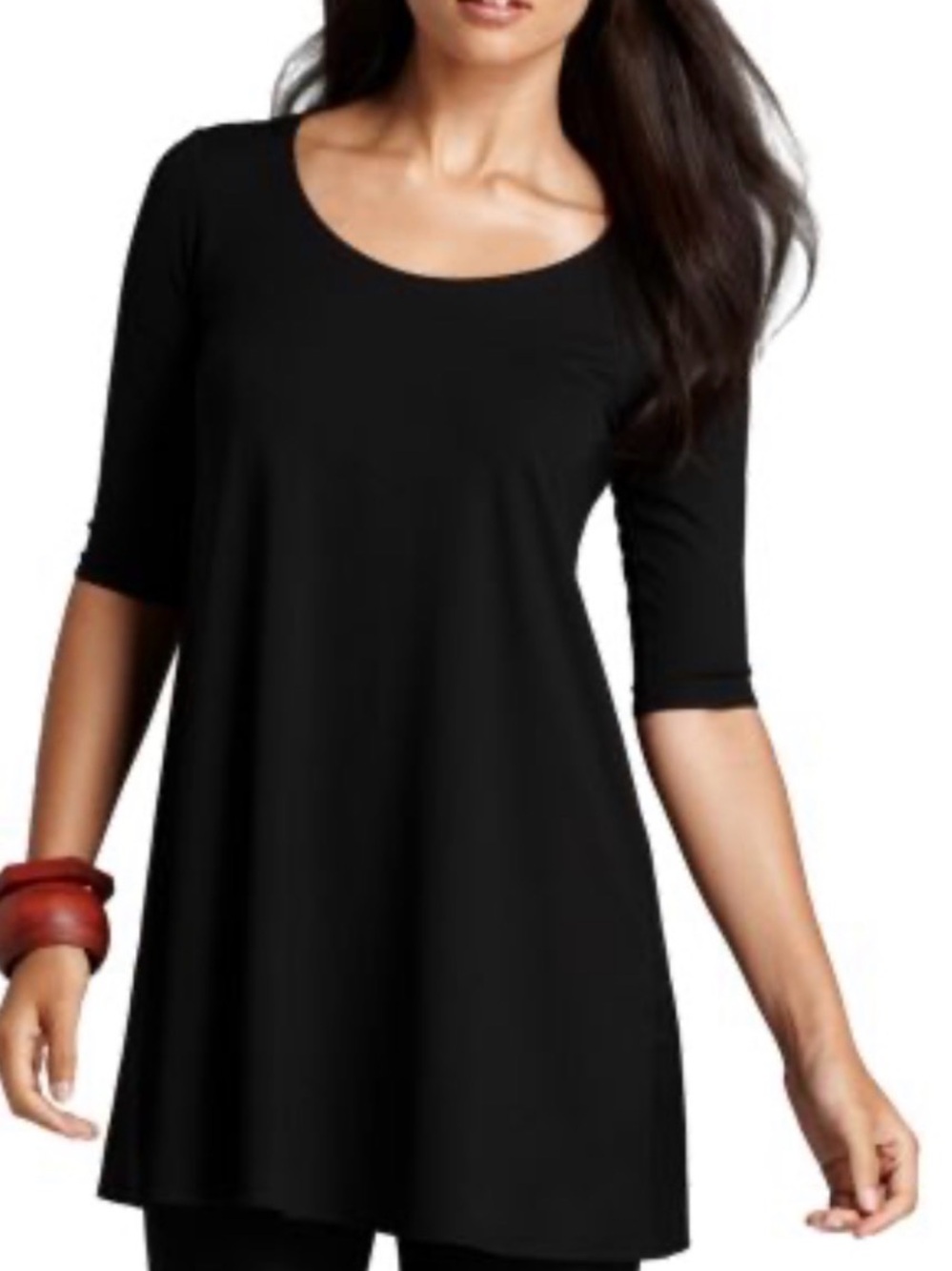 Eileen Fisher Tunic Swing Top Stretch Jersey Scoop 3/4 Sleeve Lagenlook Black M